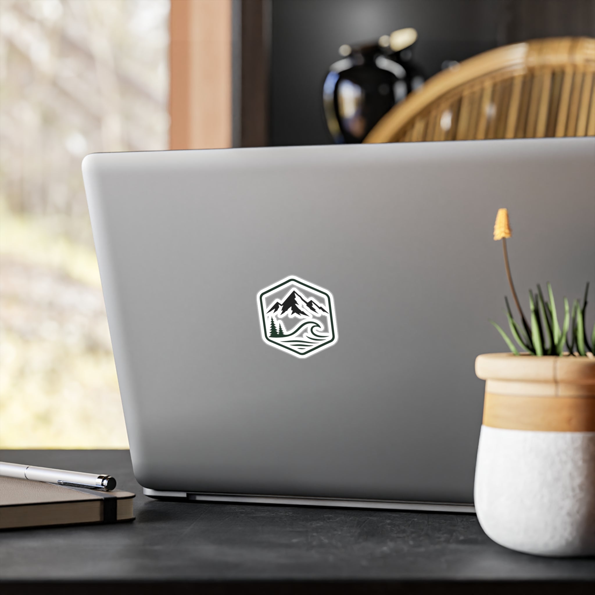 Outdoor Adventure Hexagon Sticker — Mountain & Wave Kiss-Cut Vinyl Decal