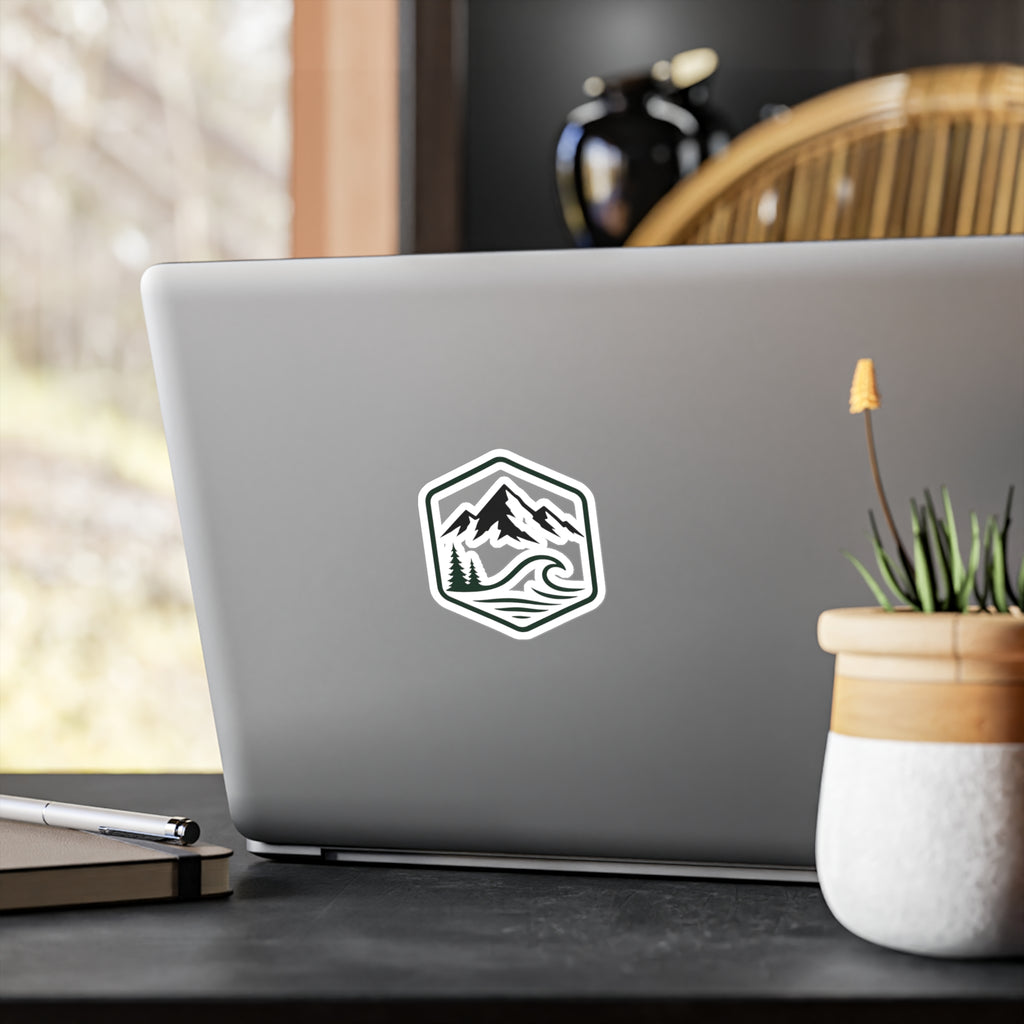 Outdoor Adventure Hexagon Sticker — Mountain & Wave Kiss-Cut Vinyl Decal