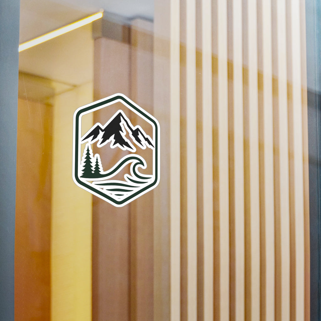 Outdoor Adventure Hexagon Sticker — Mountain & Wave Kiss-Cut Vinyl Decal