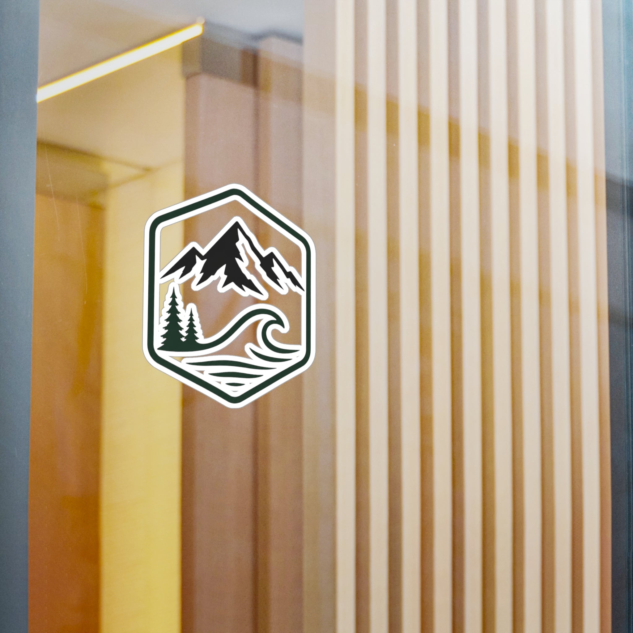 Outdoor Adventure Hexagon Sticker — Mountain & Wave Kiss-Cut Vinyl Decal