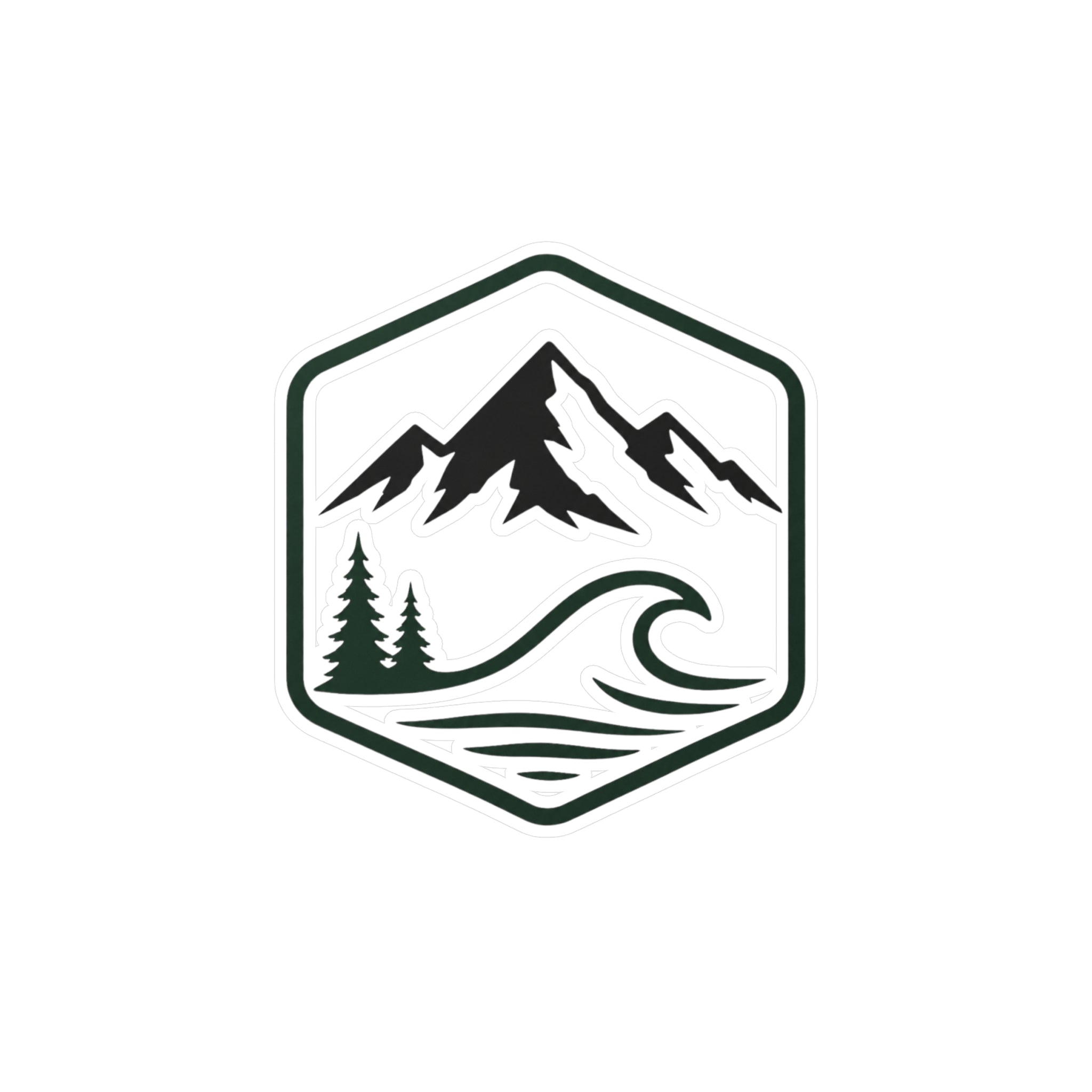 Outdoor Adventure Hexagon Sticker — Mountain & Wave Kiss-Cut Vinyl Decal