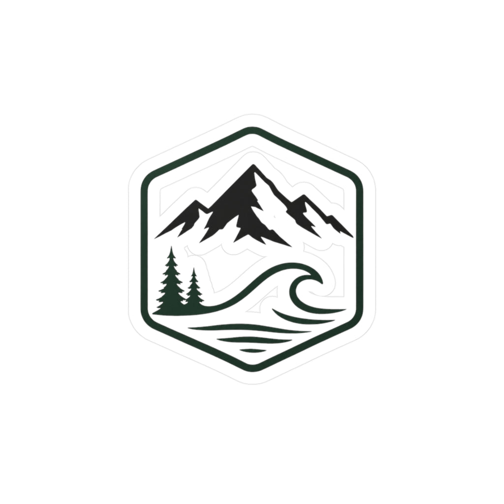 Outdoor Adventure Hexagon Sticker — Mountain & Wave Kiss-Cut Vinyl Decal