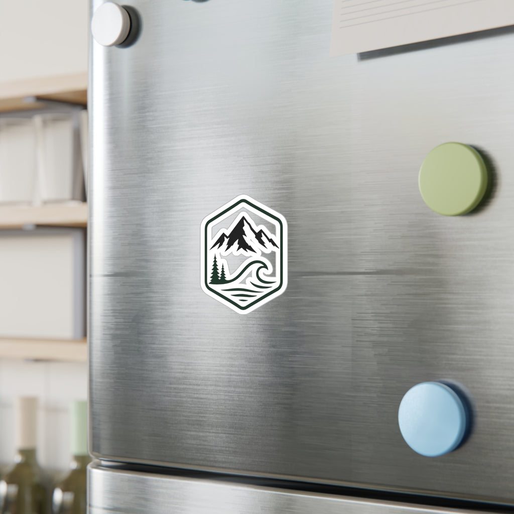 Outdoor Adventure Hexagon Sticker — Mountain & Wave Kiss-Cut Vinyl Decal