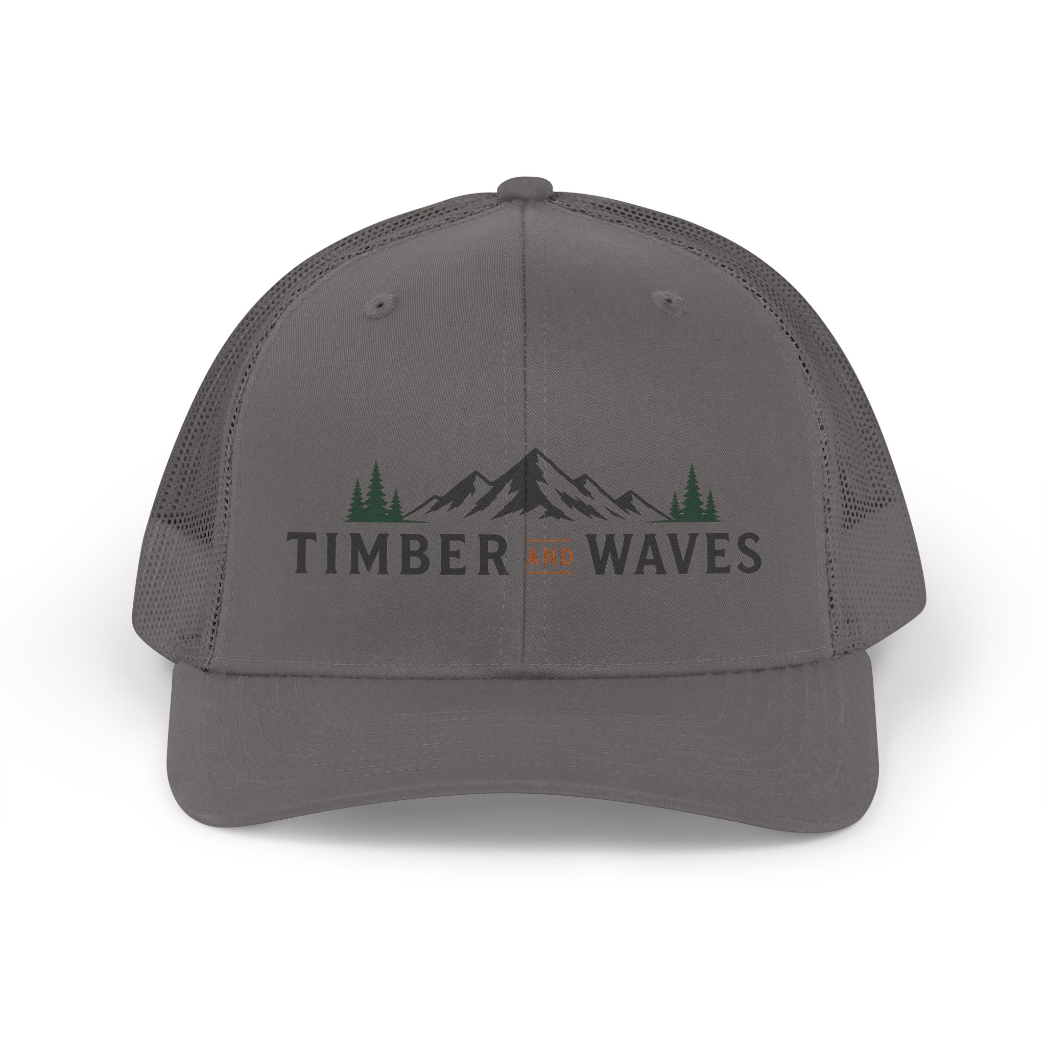 Timber and Waves Trucker Hat — Retro Mountain & Ocean Mesh Cap