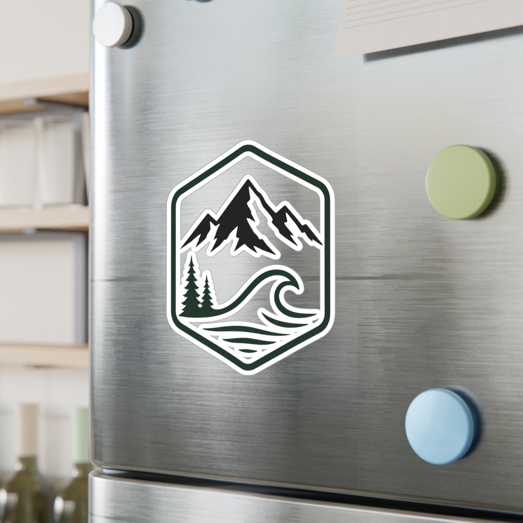 Outdoor Adventure Hexagon Sticker — Mountain & Wave Kiss-Cut Vinyl Decal