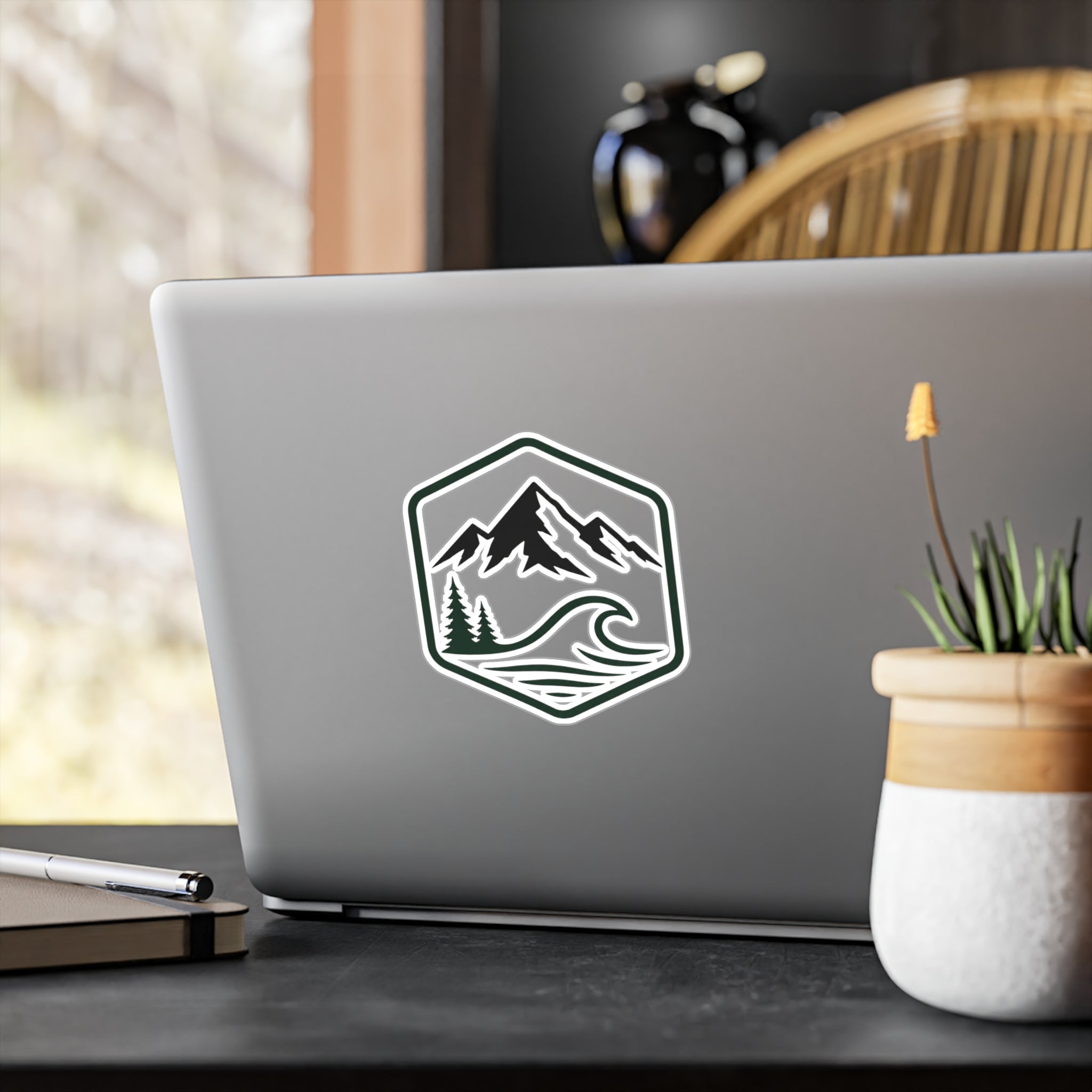 Outdoor Adventure Hexagon Sticker — Mountain & Wave Kiss-Cut Vinyl Decal