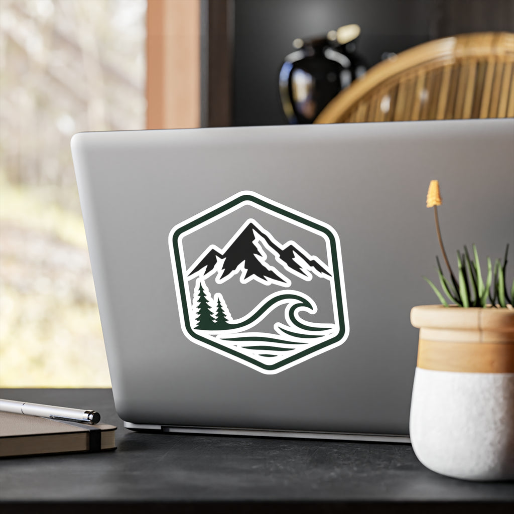 Outdoor Adventure Hexagon Sticker — Mountain & Wave Kiss-Cut Vinyl Decal