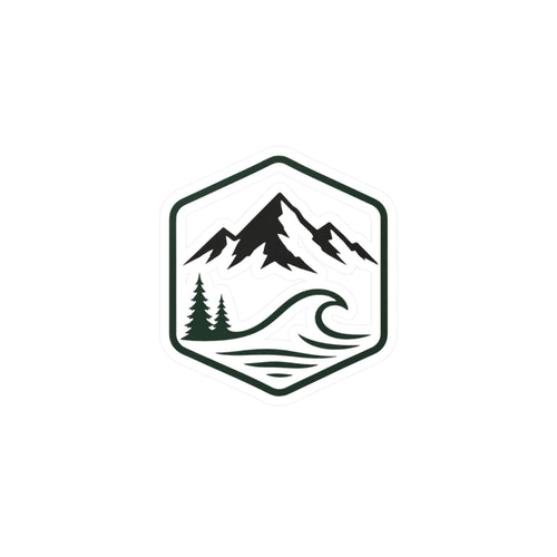 Outdoor Adventure Hexagon Sticker — Mountain & Wave Kiss-Cut Vinyl Decal