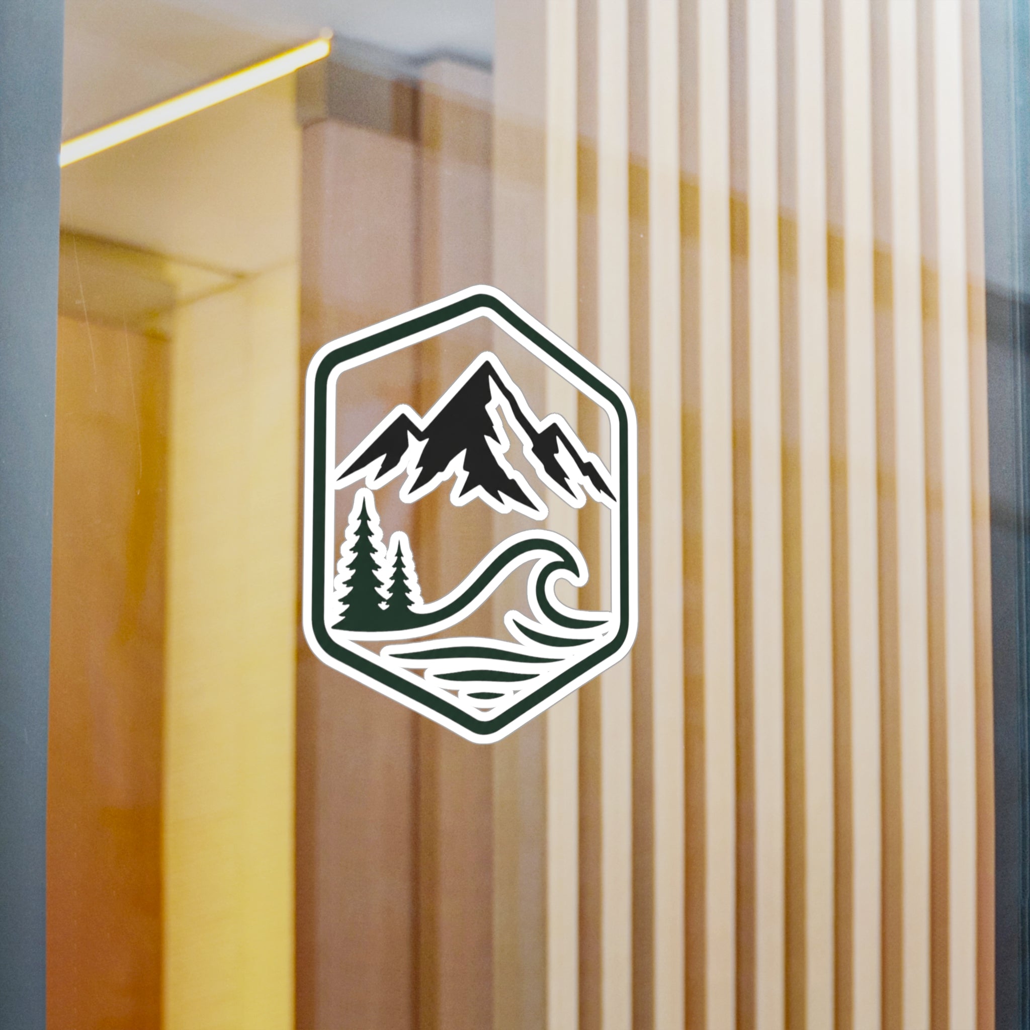 Outdoor Adventure Hexagon Sticker — Mountain & Wave Kiss-Cut Vinyl Decal