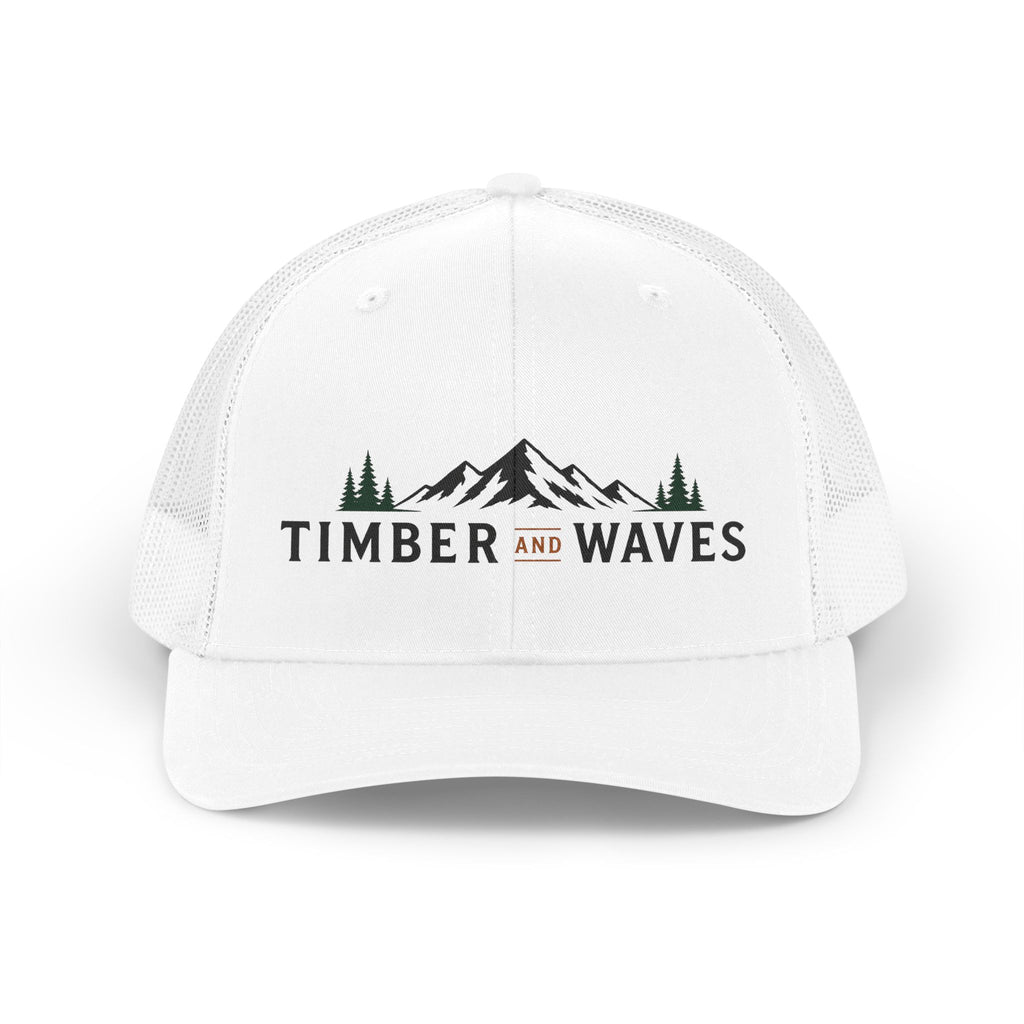 Timber and Waves Trucker Hat — Retro Mountain & Ocean Mesh Cap