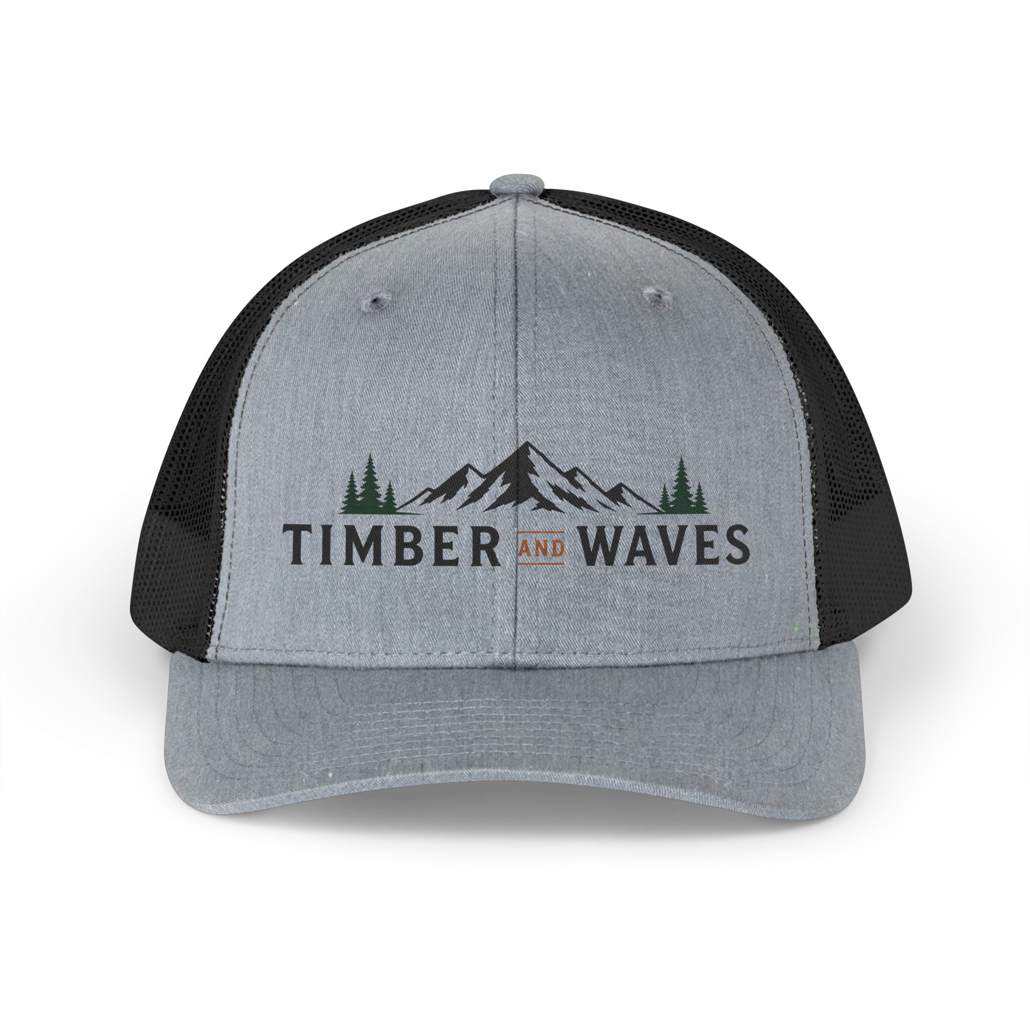 Timber and Waves Trucker Hat — Retro Mountain & Ocean Mesh Cap