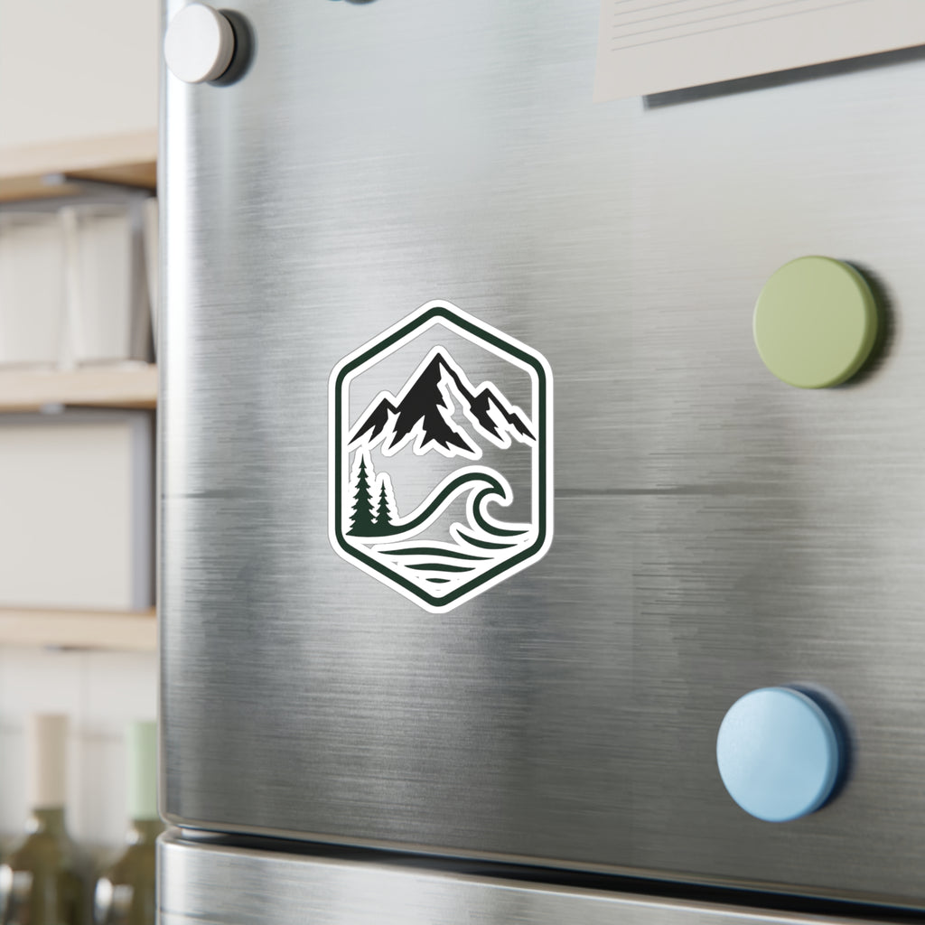 Outdoor Adventure Hexagon Sticker — Mountain & Wave Kiss-Cut Vinyl Decal