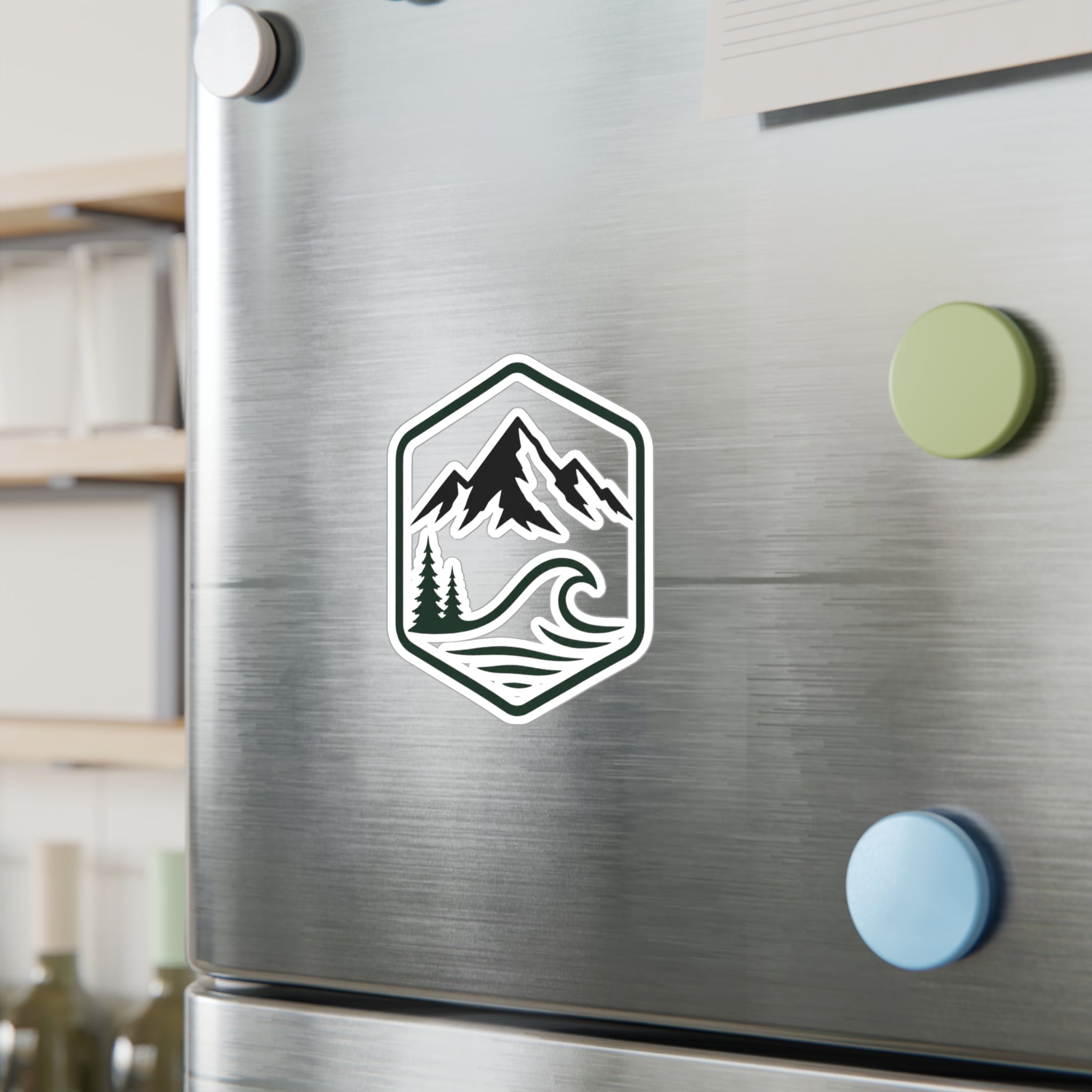 Outdoor Adventure Hexagon Sticker — Mountain & Wave Kiss-Cut Vinyl Decal